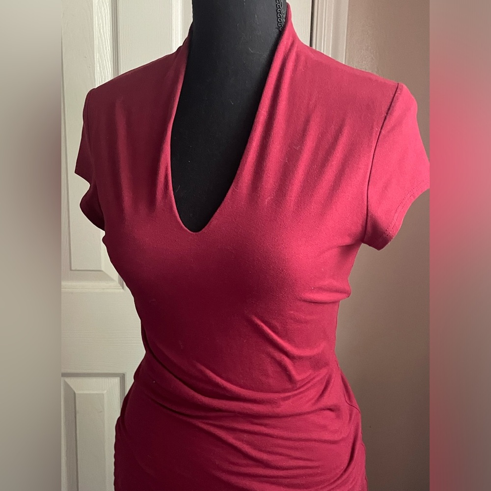 Women’s Short Sleeve V-Neck dress in Deep Raspberry double lined, buttery fabric